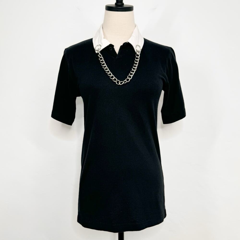 Hot Topic Chain Polo Tee Black White Unisex Goth Gothic Emo Steampunk Size S